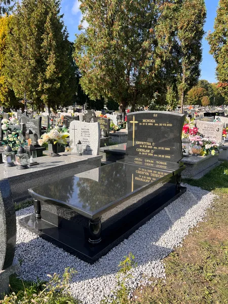 Czarny sarkofag Monumental z tokarskimi nóżkami i wieloosobową inskrypcją, słoneczne letnie ujęcie, cmentarz Kraków, realizacja Kamileo.