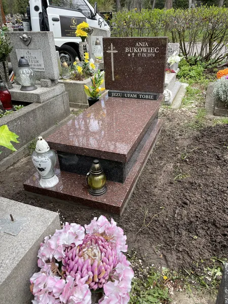 Nagrobek jednopłytowy z różowego granitu Tolkowski z czarną tablicą i krzyżem, świeży montaż na cmentarzu w Krakowie, realizacja Kamileo.