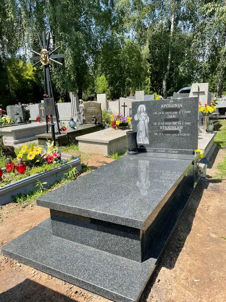 Nagrobek Impala ze stelą z płaskorzeźbą Jezusa Miłosiernego, złotym krzyżem i wieloosobową tablicą, cmentarz Kraków, realizacja Kamileo.